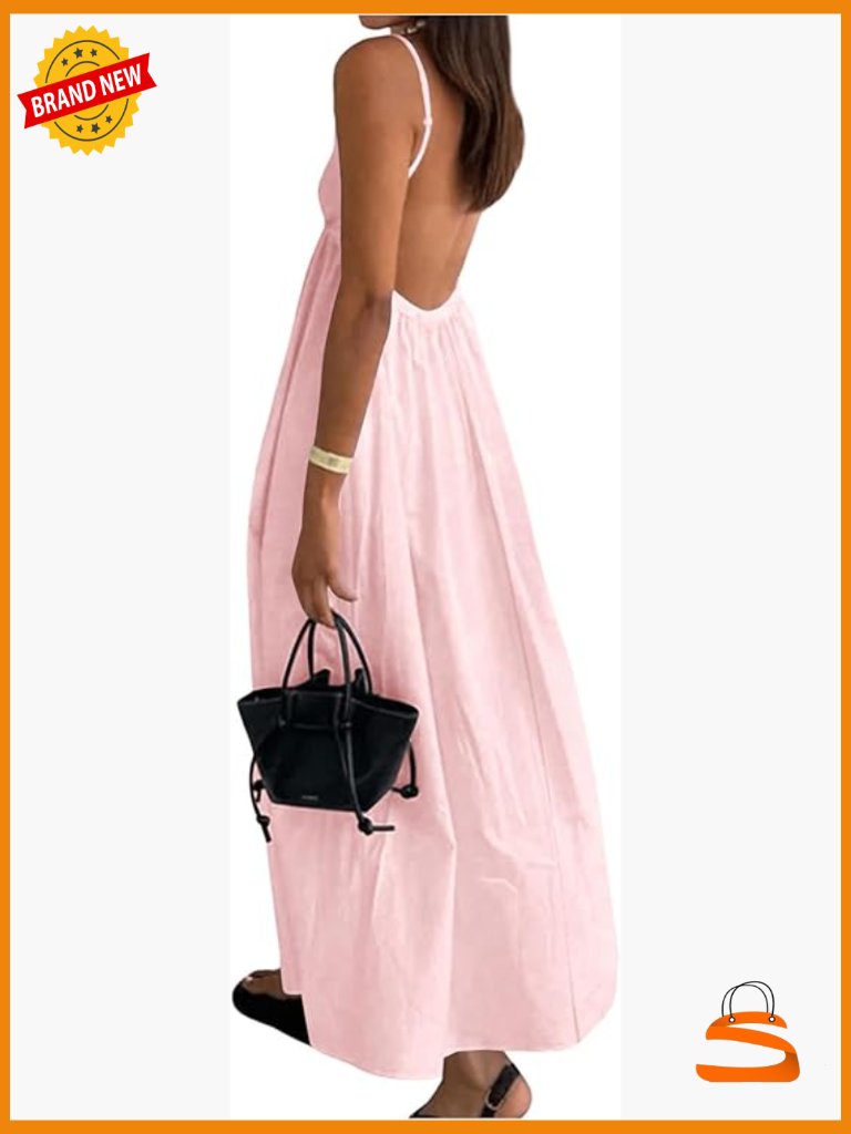 Backless V-Neck Midi Cami Dress Flowy Summer Spaghetti Strap